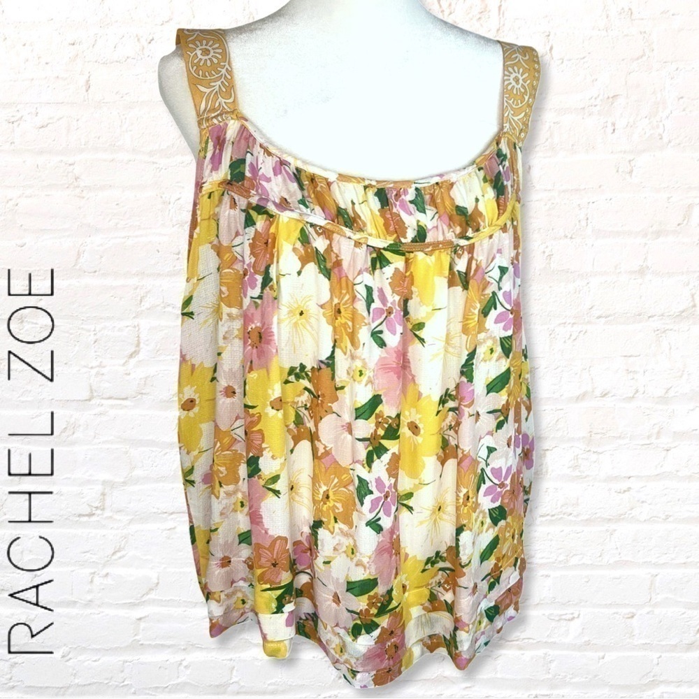 Rachel Zoe Floral Sleeveless Crochet Straps Top Size Small Yellow Floral Top